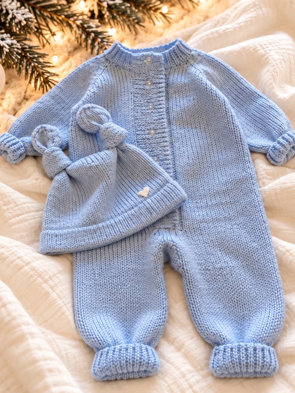 Hand Knit Baby Romper & Hat Set, Blue Newborn Outfit, Baby Boy Coming Home Outfi